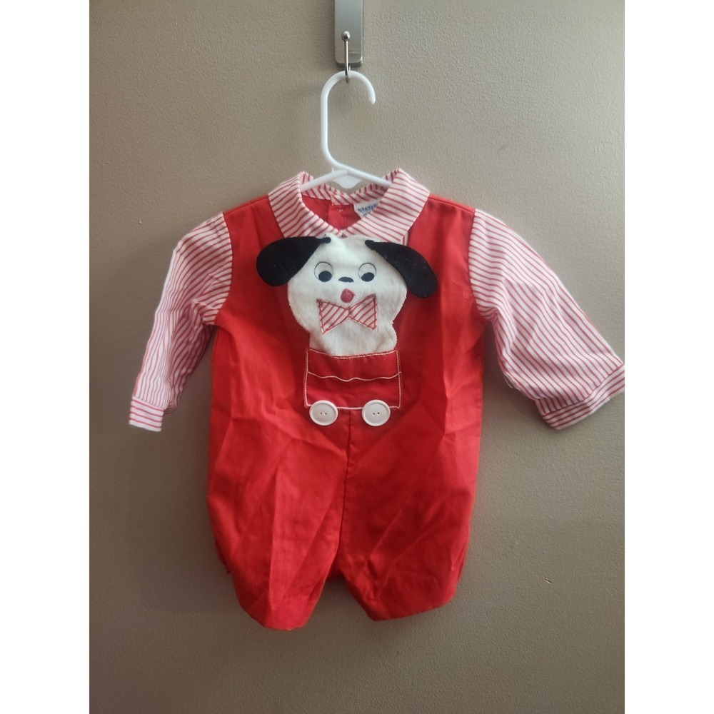 Vintage Kids Nannekins By Nannette Red Overall Outfit Puppy Size L 12-22lbs USA